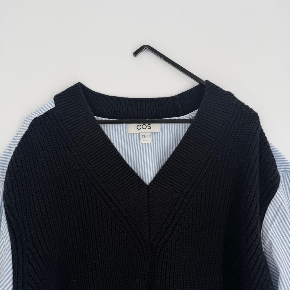 Cos Deconstructed Poplin Paneled Wool Blend Layered Shirt Sweater In Navy